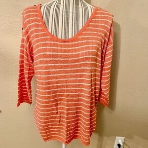 J. Jill Tunic Top Large Tall Coral Orange White Stripes Linen Viscose Coastal